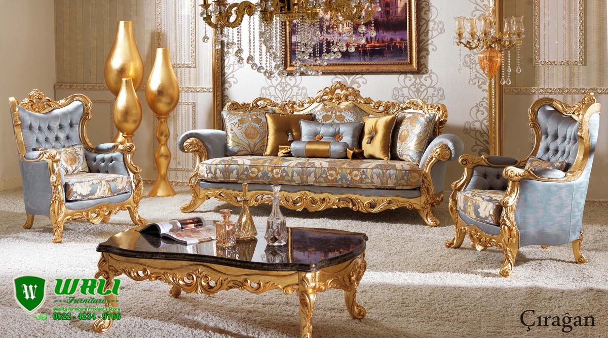 Set Sofa Ruang Tamu Klasik Ukiran Duco Emas Mewah Wali Furniture